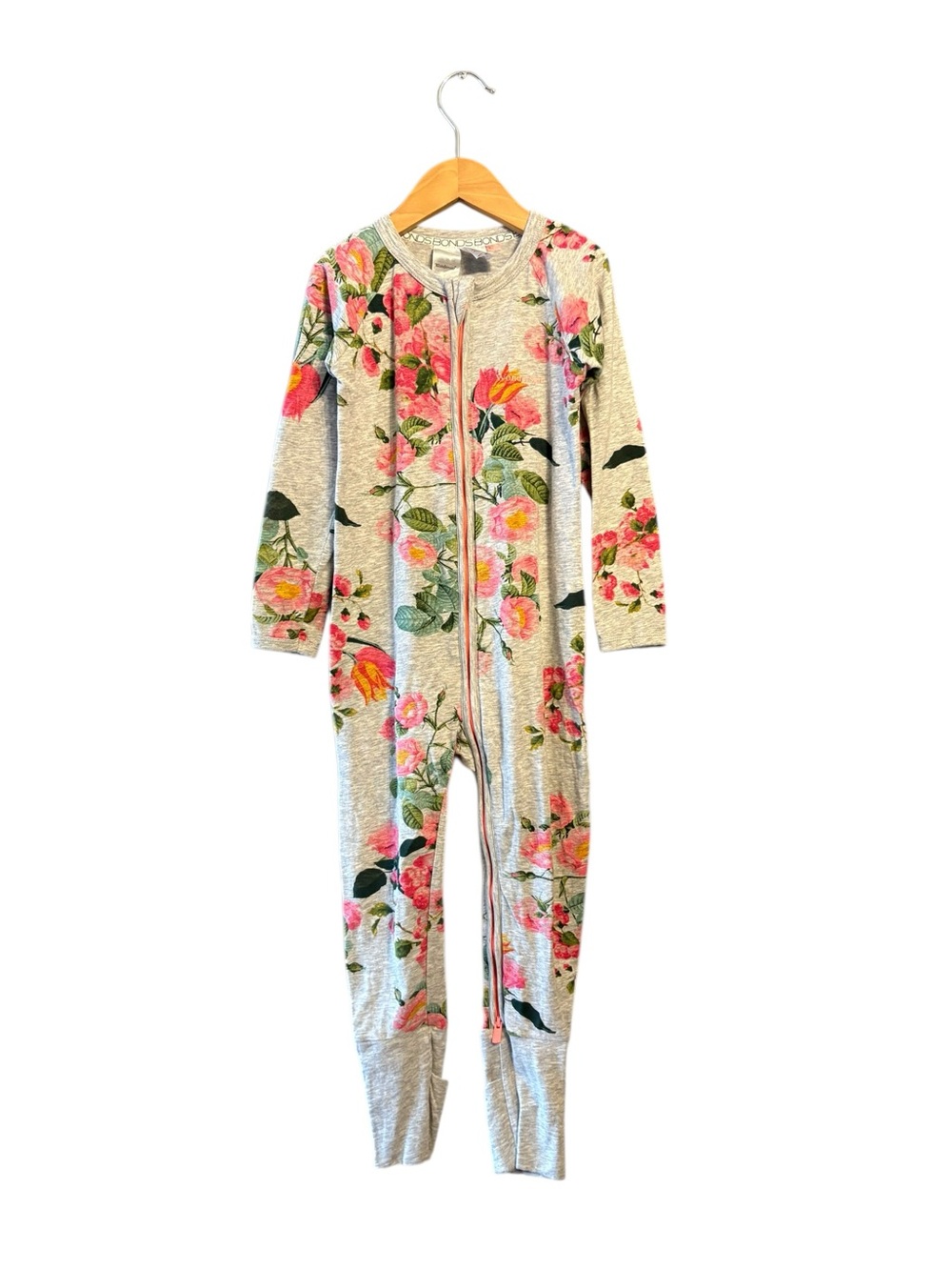 Bonds Gray Footed Zip Pajamas with Pink Floral Print